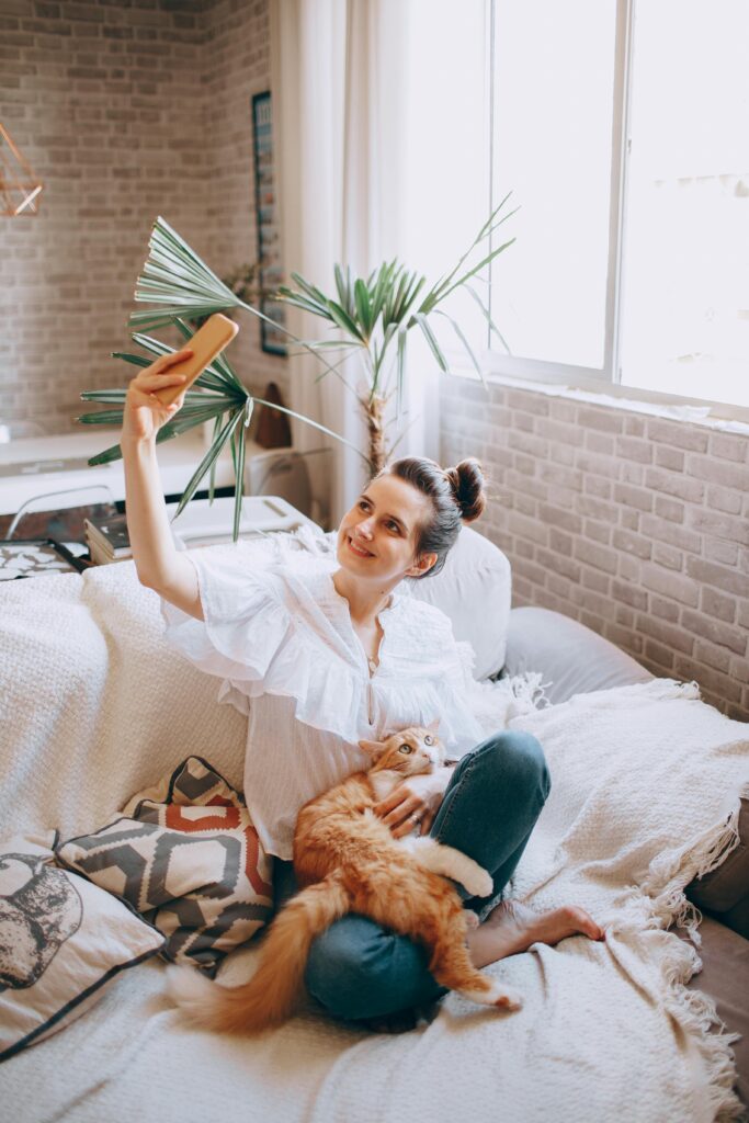 How to trim a cats claws for beginner: From above of smiling female in casual clothes sitting on bed and stroking adorable cat while taking selfie in cozy bedroom at home